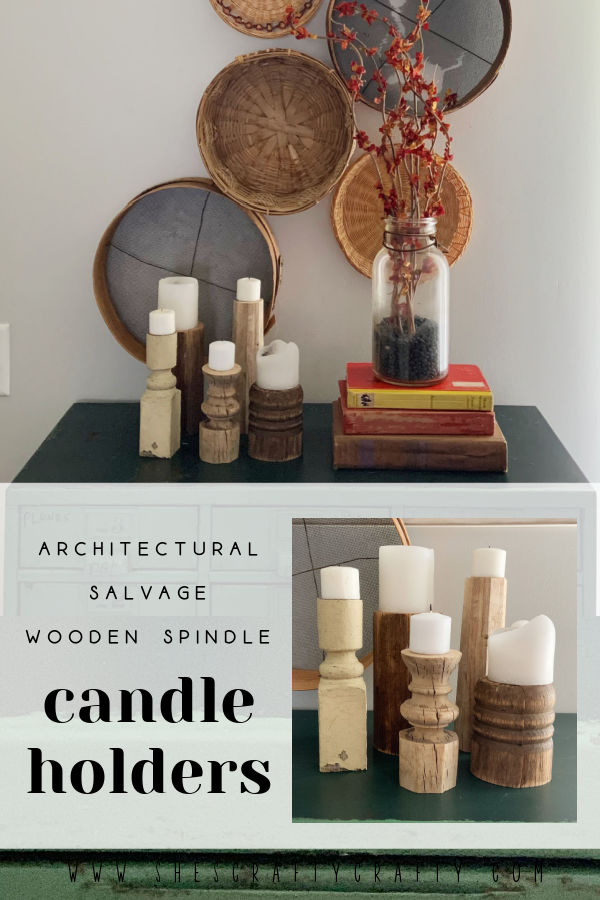 Architectural Salvage Wooden Spindle Candle Holders Pinterest pin.