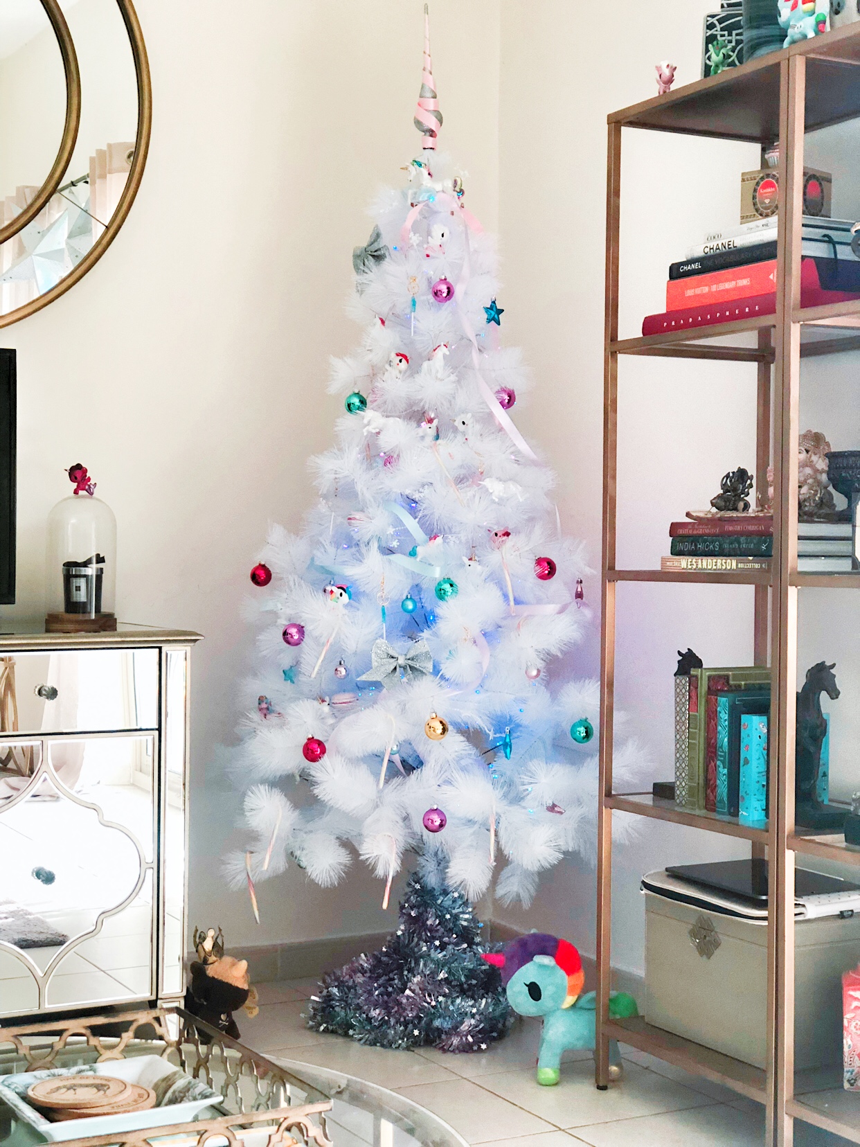 Pretty White Christmas Tree with magical Unicorn baubles