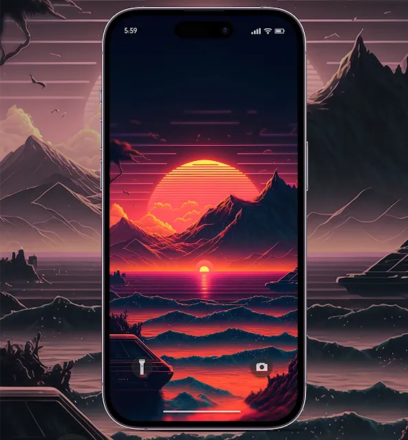 ios 17 synth wallpaper SYNTHWAVE SUNSET AI mid journey ART WALLPAPER 4K FOR PHONE