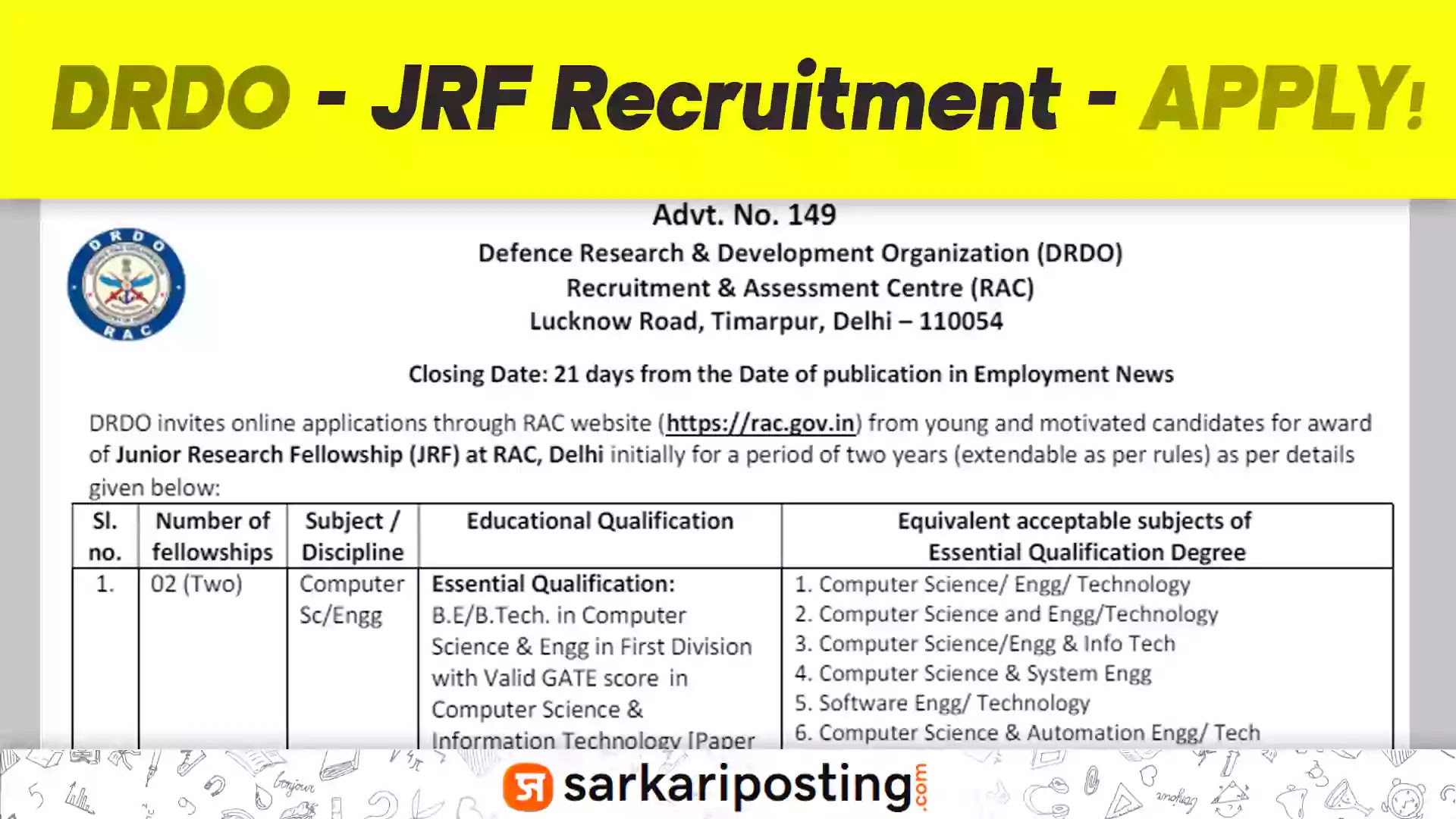 DRDO RAC Junior Research Fellowship (JRF) Recruitment