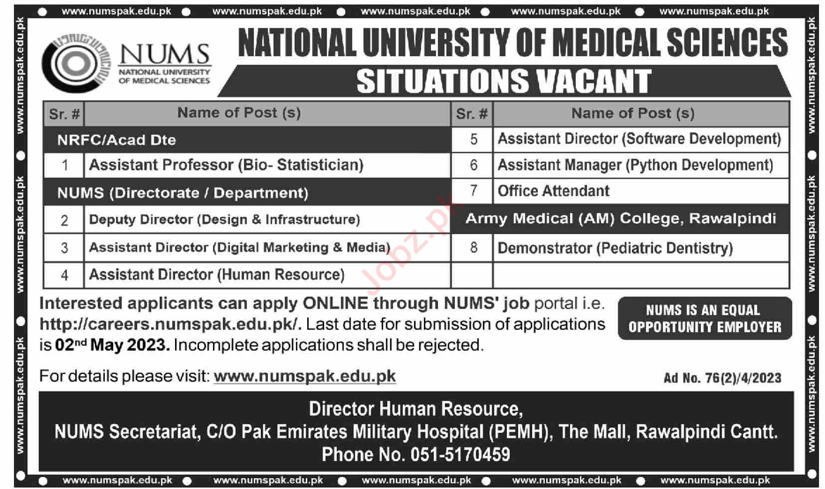 Jobs in National University of Medical Sciences NUMS