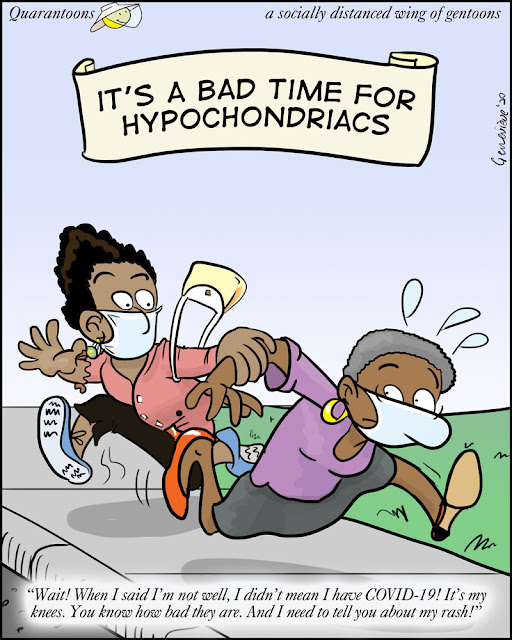 Two women wearing surgical masks. One is running away. the other is chasing the first one, grabbing her arm and saying, "Wait!  When I said I'm not well, I didn't mean i have COVID-19!  It's my knees. you know how bad they are.  And i need to tell you about my rash!"