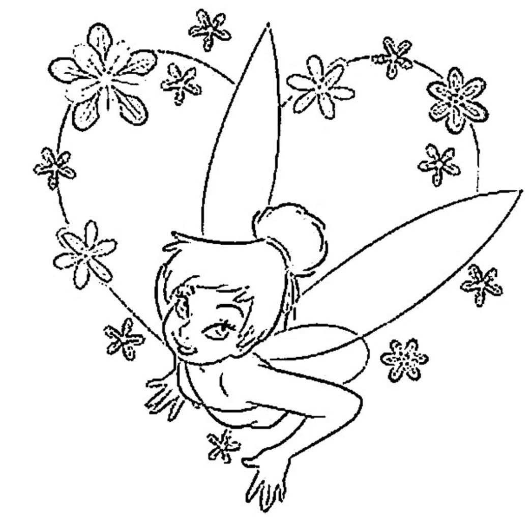 TinkerBell Heart Flowers Coloring Page