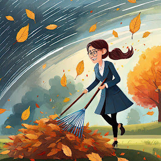 an image of a frazzled teacher raking leaves during a tornado