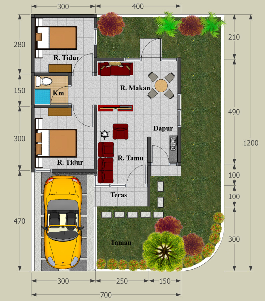 33 Denah Rumah Minimalis 2 Kamar Tidur