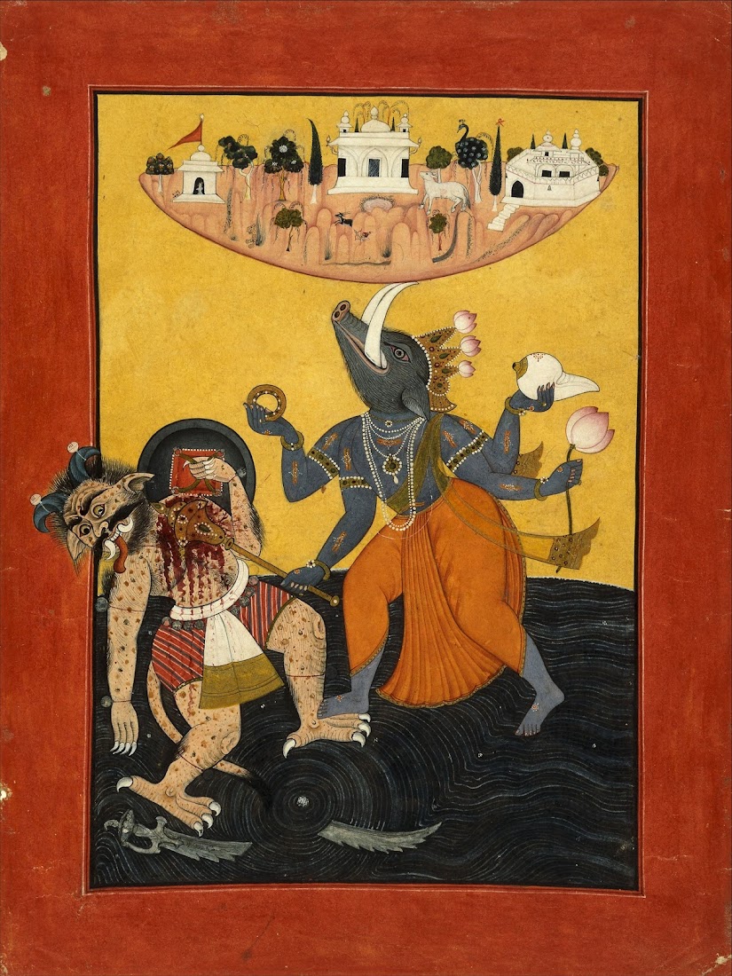 Varaha (Third Incarnation of Vishnu) with Bhu (Earth) Killing sea Demon - Pahari Painting c1700-1710 