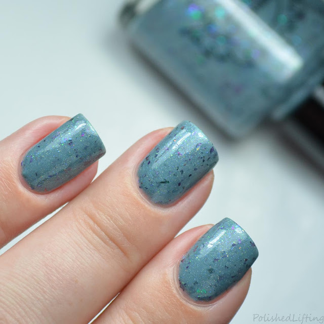 sky blue nail polish with multichrome flakies