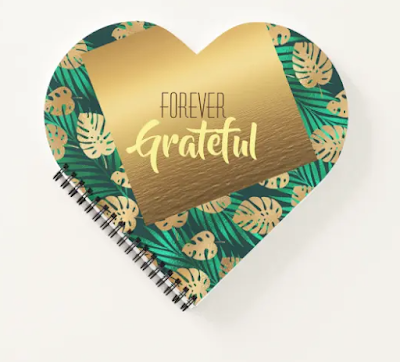 Forever Grateful Heart Shaped Spiral Notebook Green Gold Tropical Modern Design