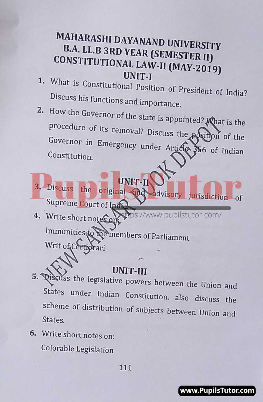 MDU (Maharshi Dayanand University, Rohtak Haryana) LLB Regular Exam (Hons.) Second Semester Previous Year Constitutional Law - II Question Paper For May, 2019 Exam (Question Paper Page 1) - pupilstutor.com