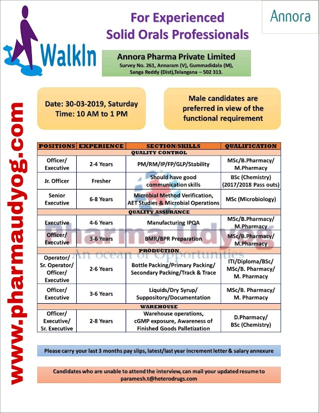 Annora Pharma | Walk-in for Multiple Departments | 30 March 2019 | Hyderabad