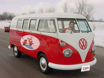 red and white VW bus.