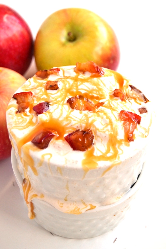 Caramel Apple Ice Cream is a healthier take on traditional ice cream and is made with Greek yogurt, kefir, sauteed cinnamon apples and a drizzle of sweet caramel! www.nutritionistreviews.com