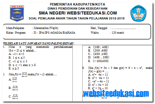 Soal Pat Matematika Kelas 11 Ipa Tempat Belajar