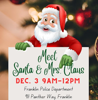 Santa and Mrs. Claus at Franklin Police Station - Sunday, Dec 3 from 9 AM to noon
