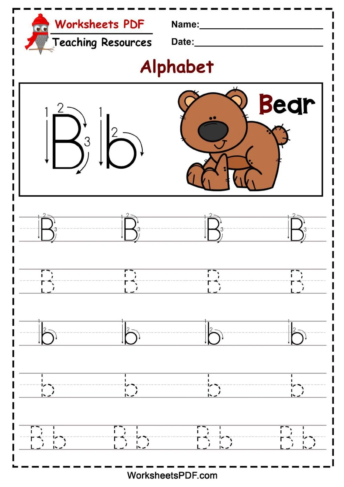 ورق عمل حروف انجليزية مع طريقة كتابة الحروف الانجليزية letter B