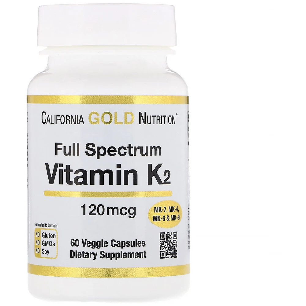 California Gold Nutrition, Витамин K2 (в форме MK-4, MK-6, MK-7, MK-9), 120 мкг, 60 вегетарианских капсул