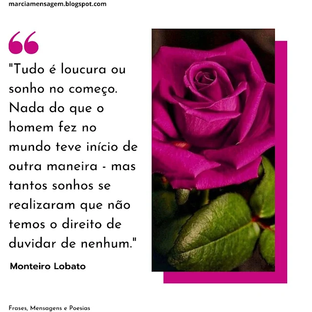 "Tudo é Loucura ou Sonho no começo. Nada do que o homem fez no mundo teve início de outra maneira - mas tantos Sonhos se realizaram que não temos o direito de duvidar de nenhum."  Monteiro Lobato 