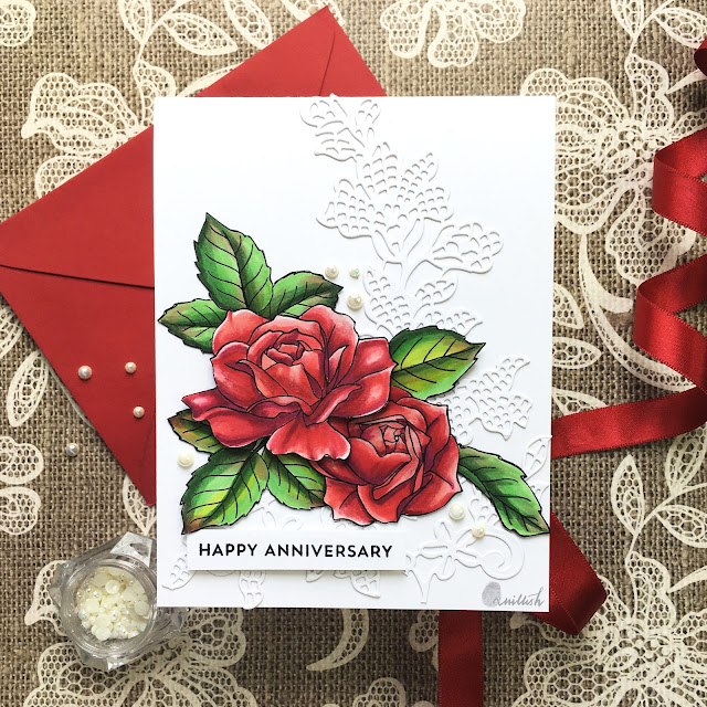 Anniversary card, Red roses card, Altenew Garden Rose Craft your life kit, Floral lace die, Altenew AECP, quillish