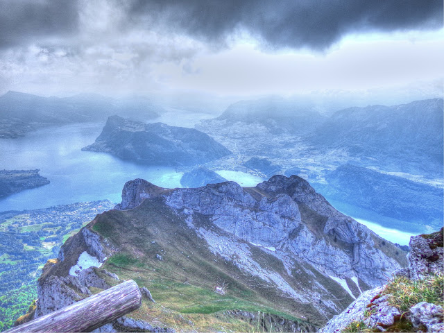 A view from atop Mount Pilatus with Lake Lucerne in the distance