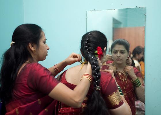 long hair styling by Indian bride