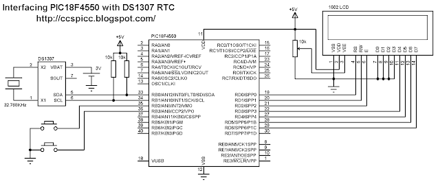 Interfacing PIC18F4550 with DS1307 real time clock RTC circuit CCS PIC C code