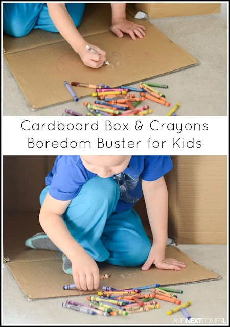 Simple boredom buster for kids using a cardboard box and crayons. Kids will love decorating their own art fort with this process art idea from And Next Comes L