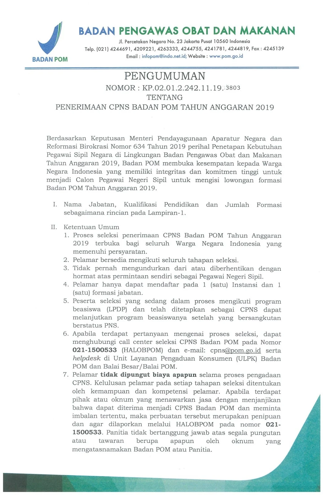 Lowongan CPNS Badan Pengawas Obat dan Makanan Republik Indonesia Tahun Anggaran 2019 [ 277 Formasi]