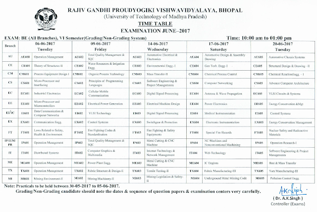 RGPV B.E 6th Semester Examination Time Table 2017