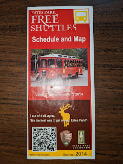 brochure with the line "3 out of 4 elk agree, 'it's the best way to get around estes park'"