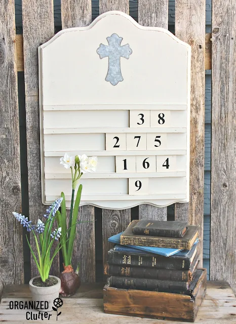 Goodwill Wooden Perpetual Calendar Repurposed As Farmhouse Style Wall Hymn Board #goodwill #thriftshopmakeover #Repurpose #upcycle #dixiebellepaint #Hymnboard