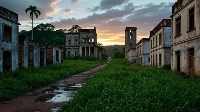 Cidades Fantasmas Famosas no Brasil: Explorando Fordlândia no Pará Ruínas cobertas de vegetação em Fordlândia, cidade fantasma no Pará.