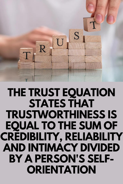The Trust Equation states that trustworthiness is equal to the sum of credibility, reliability and intimacy divided by a person's self-orientation.