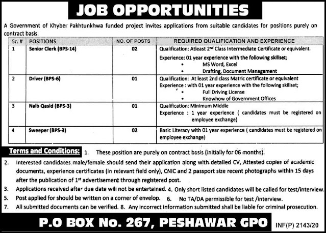Government Jobs Of Naib Qasid Driver Senior Clerk Sweeper In Khyber Pakhtunkhwa Funded Project June 2020.
