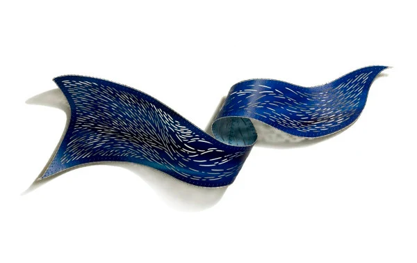 vivid blue and silver curled paper and metal horizontal wall sculpture with katagami handcarving
