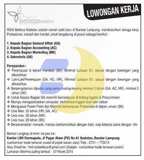 Lowongan Kerja RSIA Belleza Kedaton Lampung