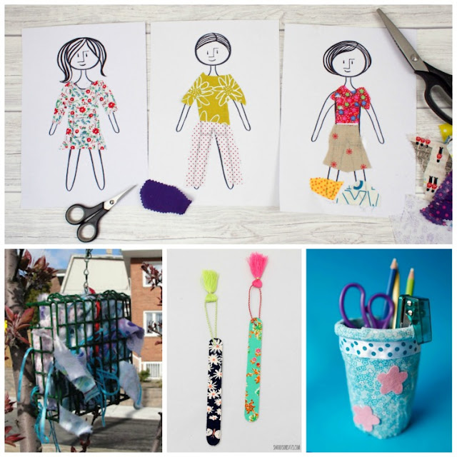 Fabric scrap crafts and activities for kids. Kids love fabric!  Plan one of these fun art projects for your preschool, kindergarten, or elementary child.