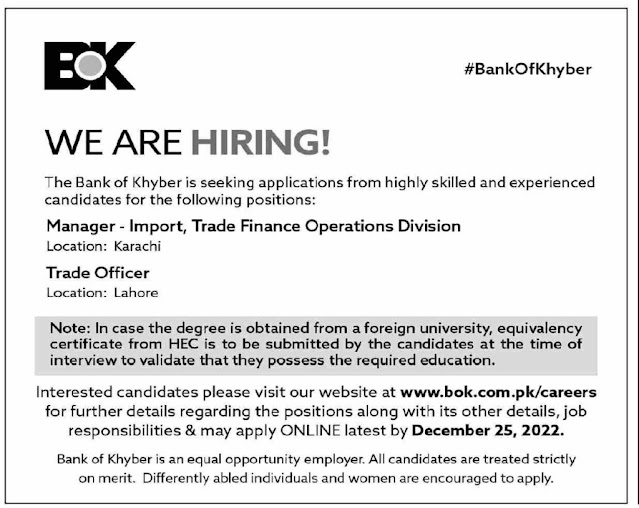 Bank Of Khyber BOK Jobs 2022 Apply for Manager, Trade Officer