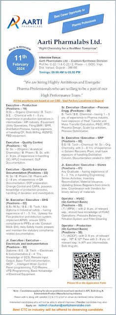 Aarti Pharmalabs Walk In Interview For Production/ QC/ QA/ EHS/ Process/ Electrical/ Instrumentation/ Store/ SRP - Multiple Opening