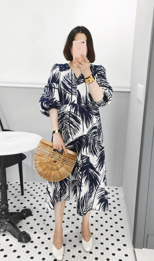 Leaf Pattern Self-Tie Belt Midi Dress