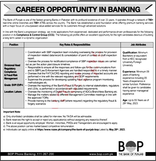 The Bank of Punjab BOP latest jobs in 2023