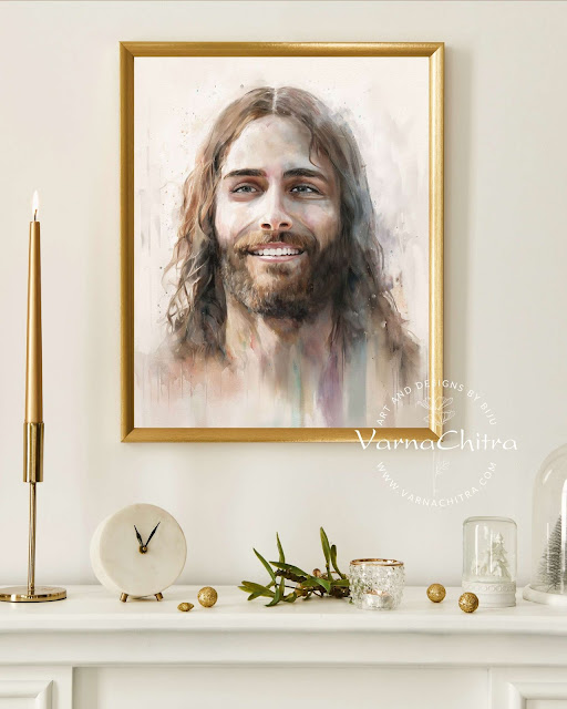 Jesus Painting, unique, one of a kind, smiling Jesus in digital watercolor, different Jesus, artistic portrait, blissful wall painting, graceful wall art by Biju Varnachitra