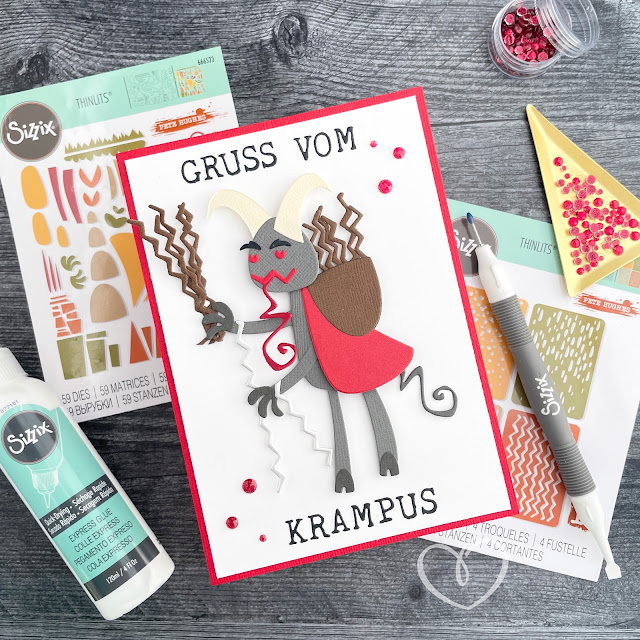 Card with Krampus made of Sizzix die cuts and cardstock with the sentiment "Gruss vom Krampus," or "Greetings from Krampus."