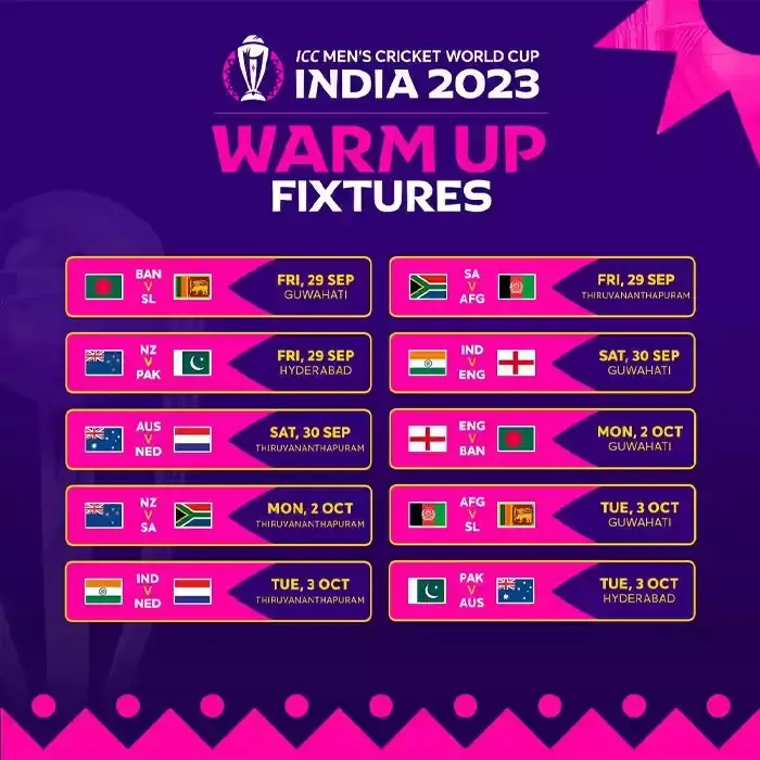 ICC Cricket World Cup Warm-up Matches 2023 Schedule, Fixtures, Match Time Table, Venue, ICC CWC 2023 Schedule.