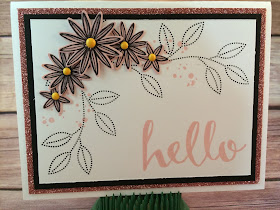 This pink and black hello card uses Stampin' Up!'s: Hello Sale a Bration stamp set, Grateful Bunch stamp set, Blossom Bunch Punch, Clear Wink of Stella (on the blushing bride flowers), Blushing Bride Glimmer Paper, and the It's My Party Enamel Dots!  www.stampwithjennifer.blogspot.com
