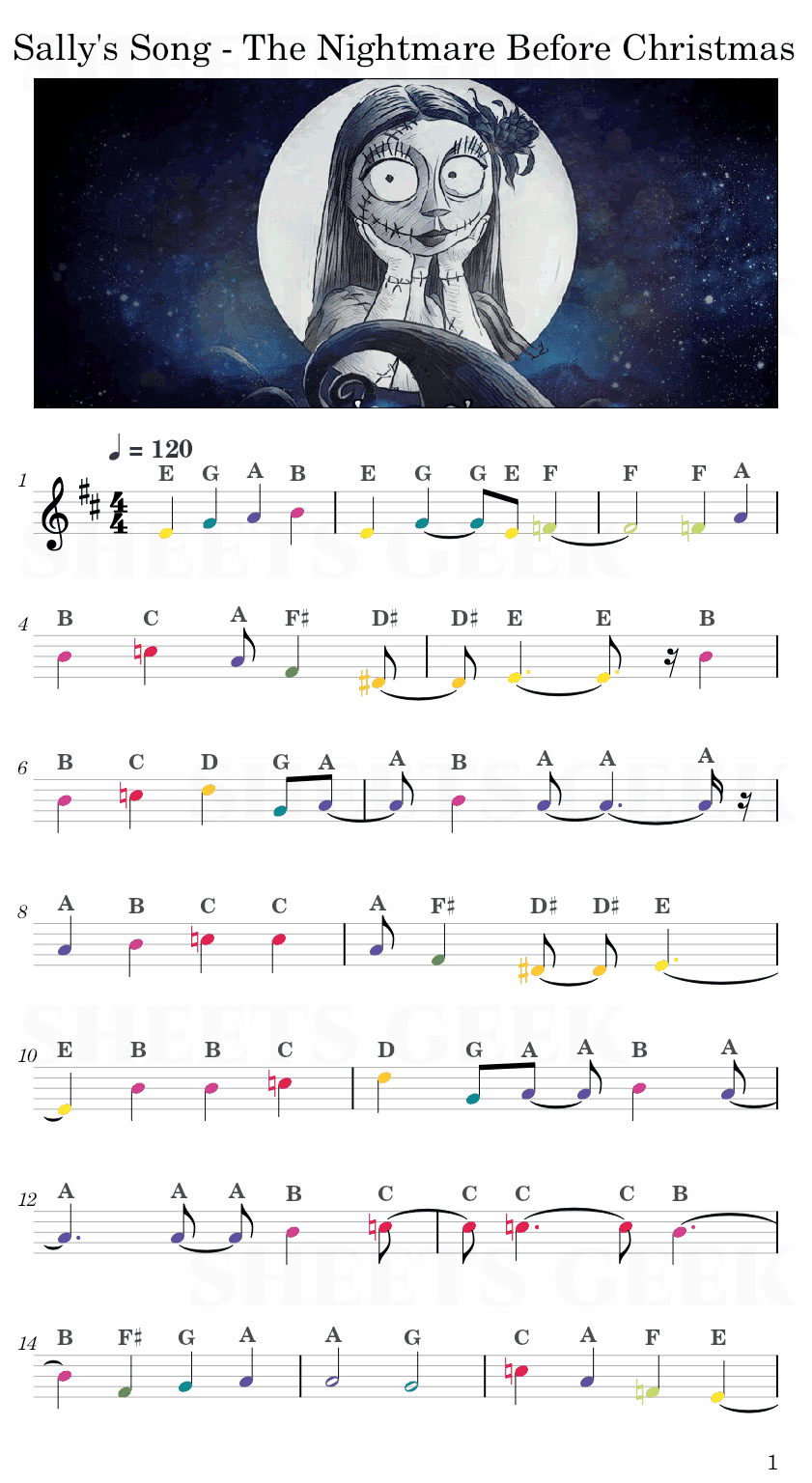 Sally's Song - The Nightmare Before Christmas Easy Sheet Music Free for piano, keyboard, flute, violin, sax, cello page 1