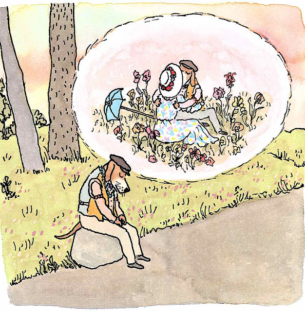 a William Steig illustration, a sleeping dog dreams of a girlfriend to love