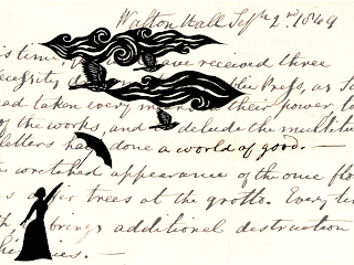 Illustration of a person losing their umbrella and wwords from Waterton's letters behind