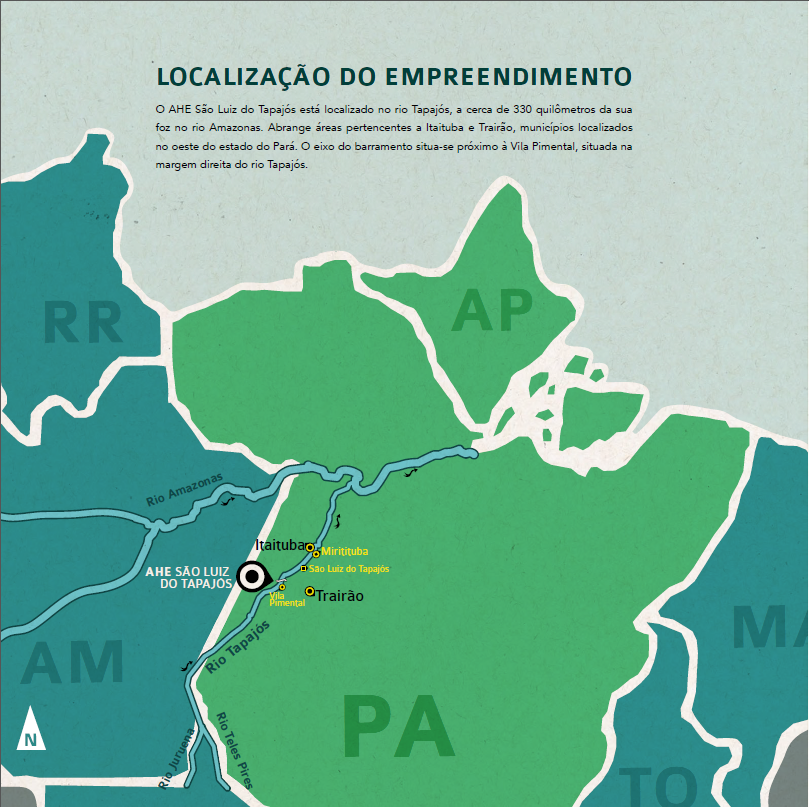 Localização proposta para a UHE São Luiz do Tapajós. Mapa no blogue de Telma Monteiro