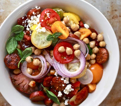 heirloom tomato + chorizo salad
