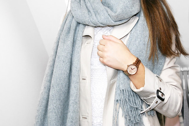 Katherine Penney Chic Blogger Fashion Style Outfit Winter Neutrals Trench Coat Scarf White Pastel Pretty